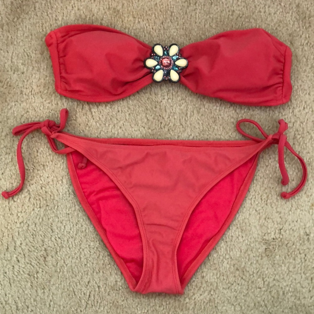 Coral bikini set with embellished top